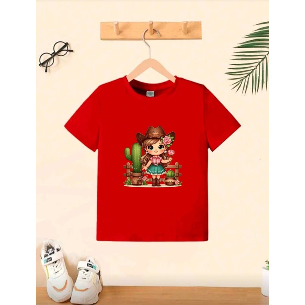 Camiseta Infantil Feminina Country Boneca Cowboy com Cacto Manga Curta
