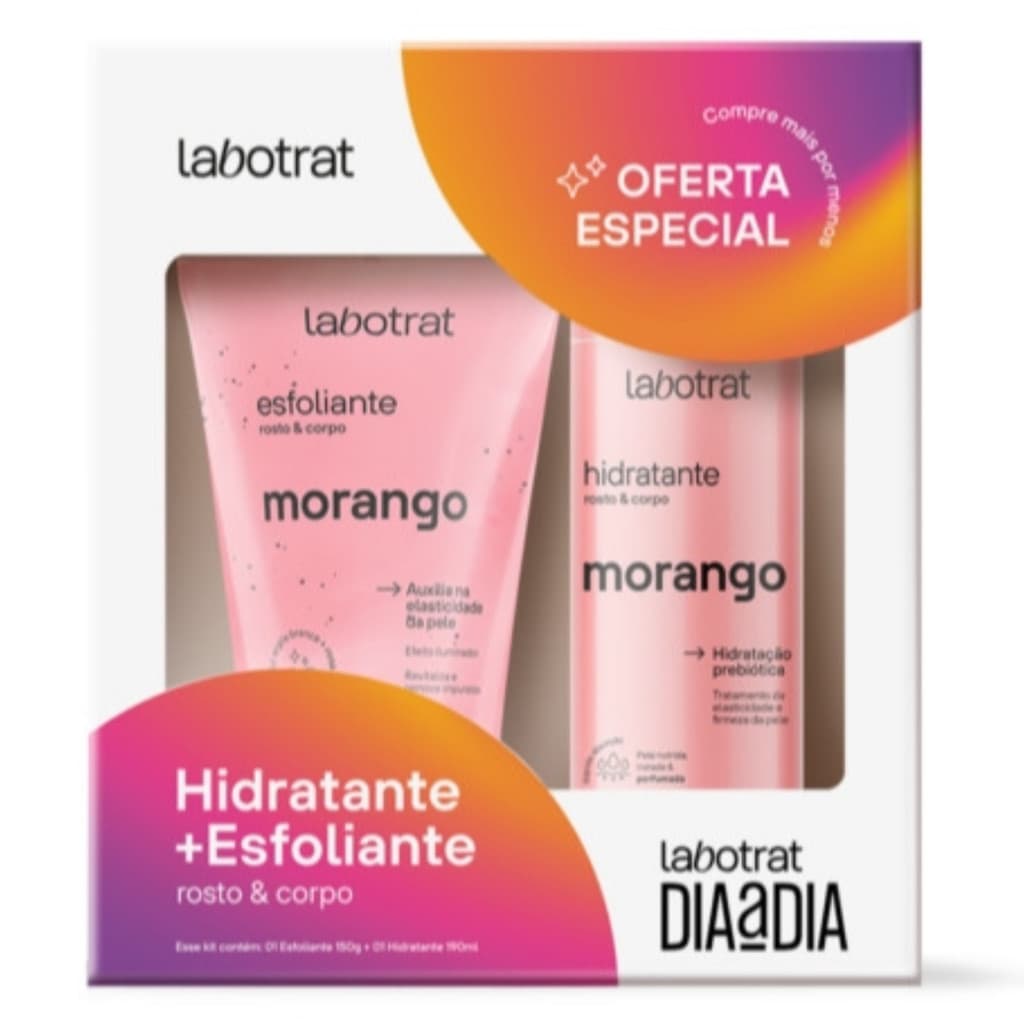 Kit Esfoliante Hidratante Morango Corpo Rosto Vitamina C Colageno Elastina Prebioticos Pele Macia