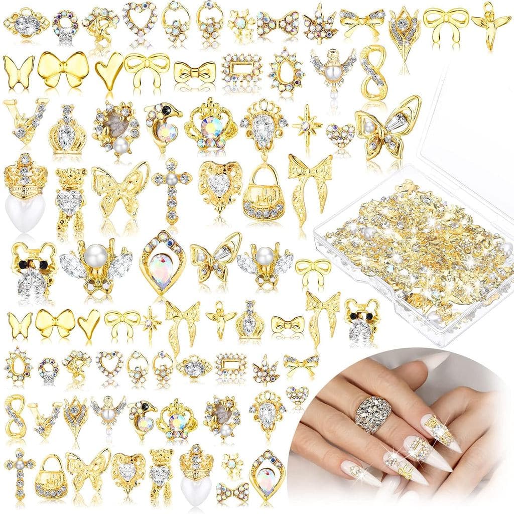 Lounsweer Enfeites e Pedras Preciosas Douradas para Unhas, Coroa de Metal, Coração, Borboleta, Anjo, Cristais de Luxo, D