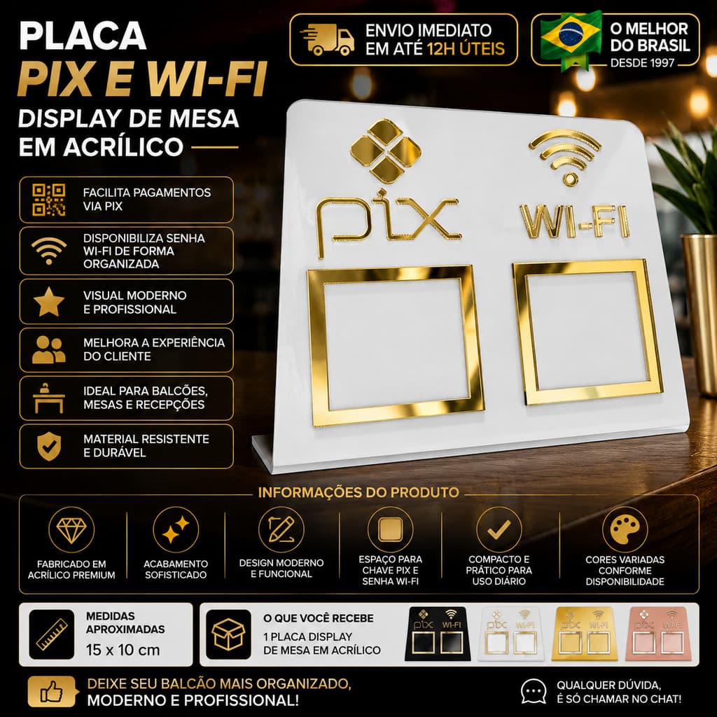 Placa Pix Dispay Em Acrílico Mesa Balcão Pix e Wifi Diversas Cores