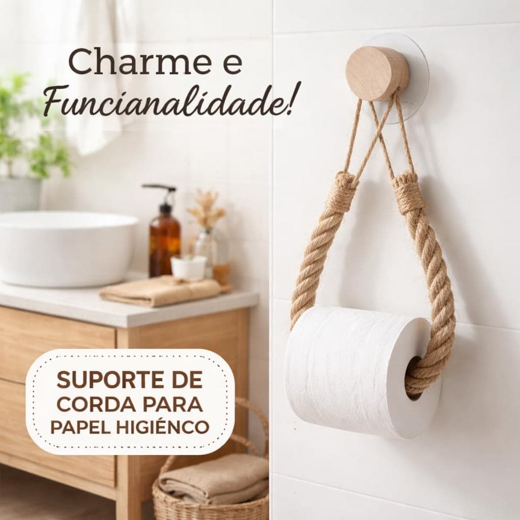 Suporte Multiuso de Corda p/Toalha, Papel Higiênico 57cm c/Gancho de Madeira Autoadesivo,Suporte sem Broca sem furo