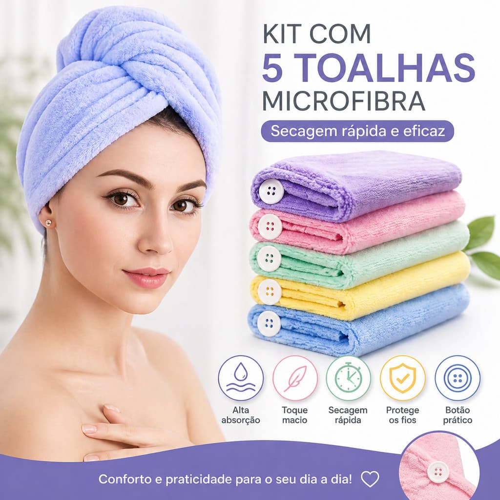Kit 5 Toalhas para Cabelo Microfibra Seca Rápido Alta Absorção Confortável Pós Banho