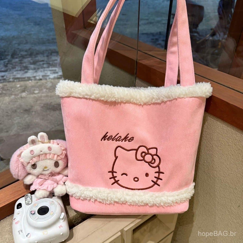 2026 Nova Bolsa de Ombro e Mão de Pelúcia com Design de Gato Fofo e Bordado Vintage, Grande Capacidade para o Dia a Dia