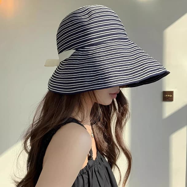 Primavera verão listrado atado aba grande balde chapéu feminino chapéu de sol ao ar livre chapéu de sol pequeno rosto ch