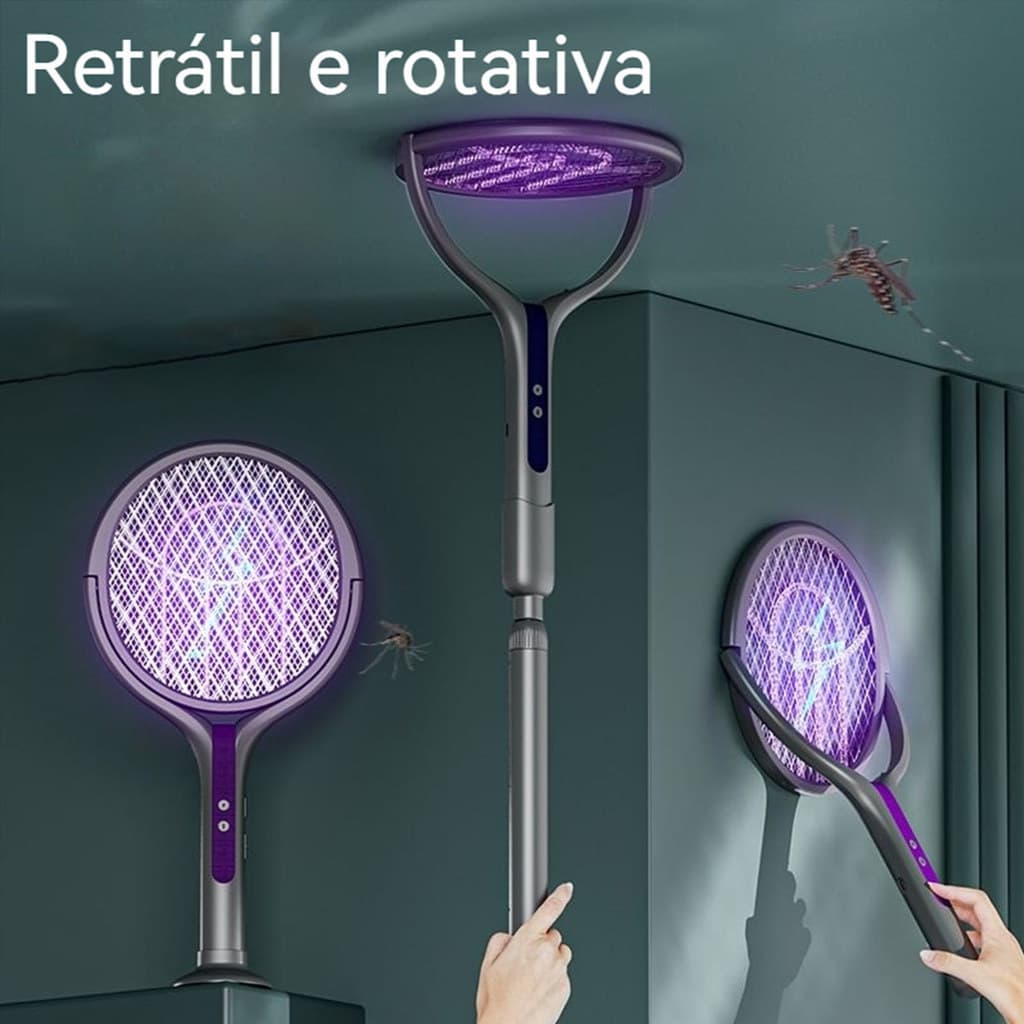 Raquete Elétrica Retrátil Recarregável Com Luz Matar Mosquito Inseto De Alta Potência 2 em 1