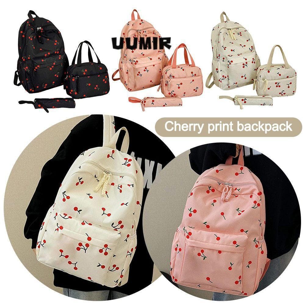 UUMIR 3 Unidades/Conjunto Mochila Cereja , Bolsa Escolar Ajustável De Tecido , Fofa Com Lancheira E Lápis Para Laptop Es