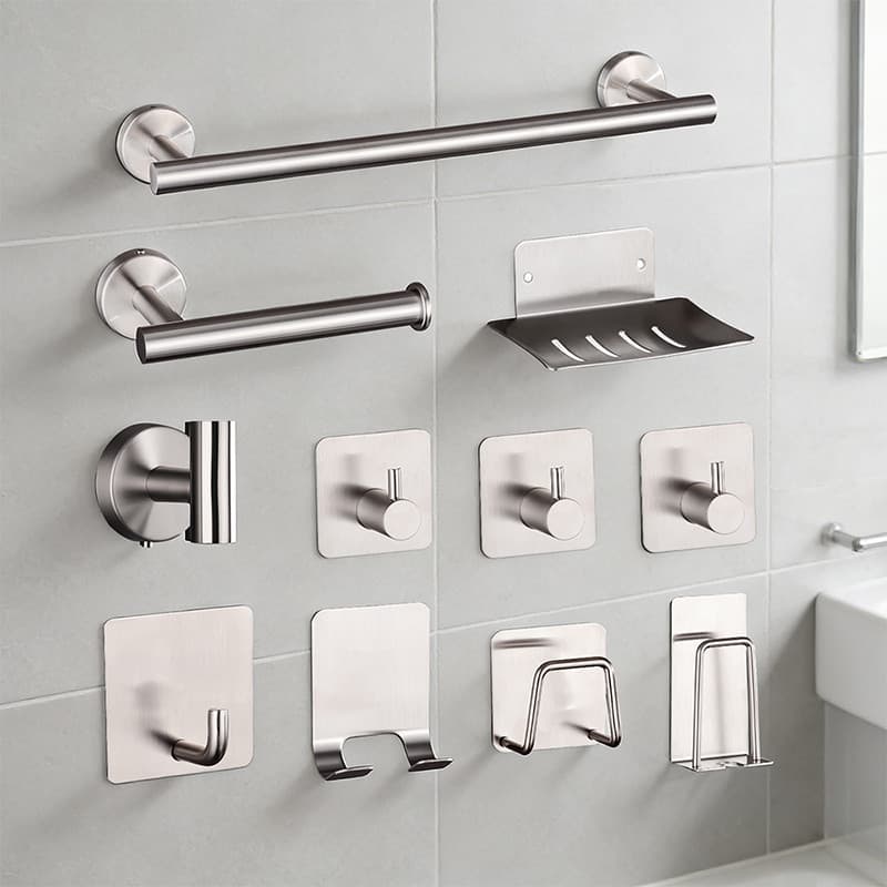Kit Banheiro 11 Peças Inox 304 – Toalheiros, Papeleira, Ganchos Quadrados e Redondos