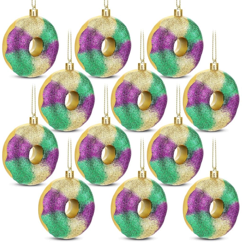 Jenaai 12 Pcs Mardi Gras Donut Ornaments 2.76 Inch Mardi Gras Tree Hanging Decorations Glitter Purple Green Gold Ornamen