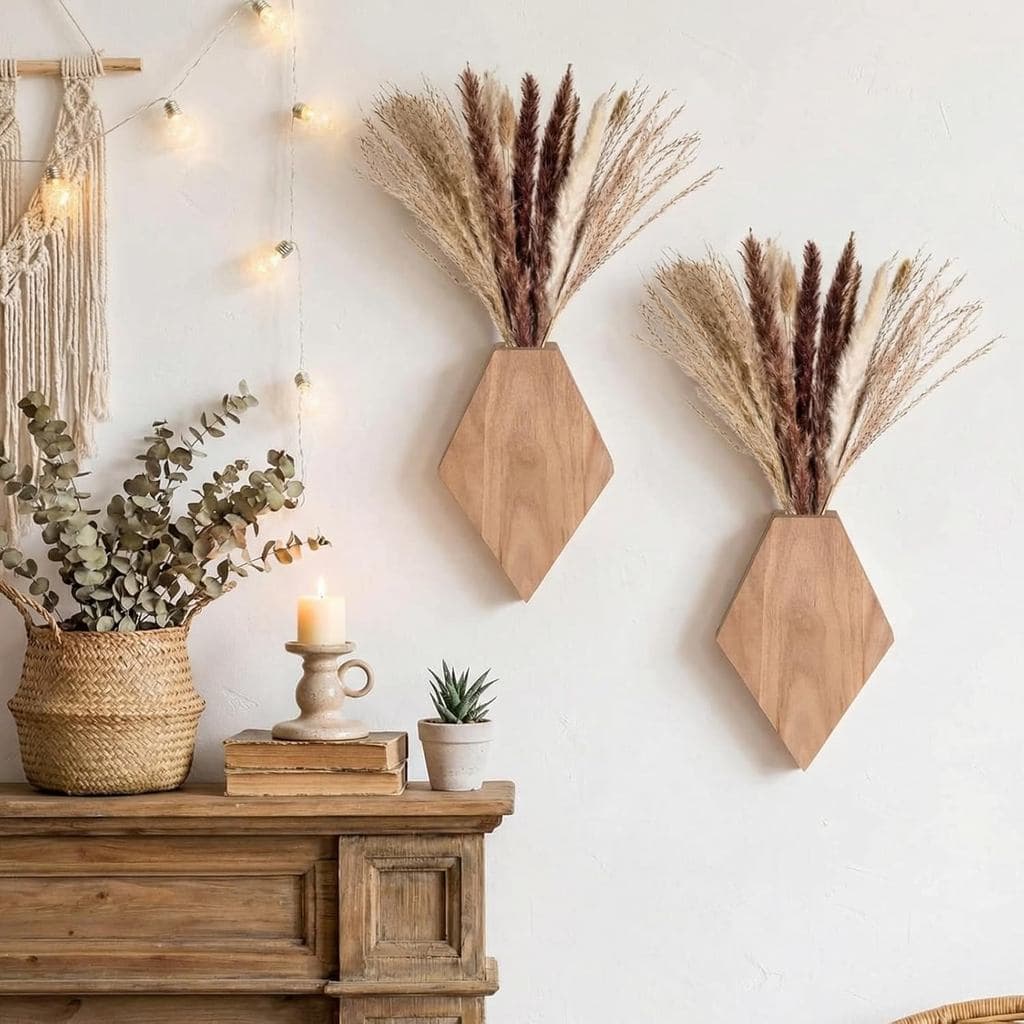 Conjunto de 2 Peças de Suportes de Parede de Madeira Estilo Boêmio com Capim-dos-Pampas, Decoração de Parede Moderna Est
