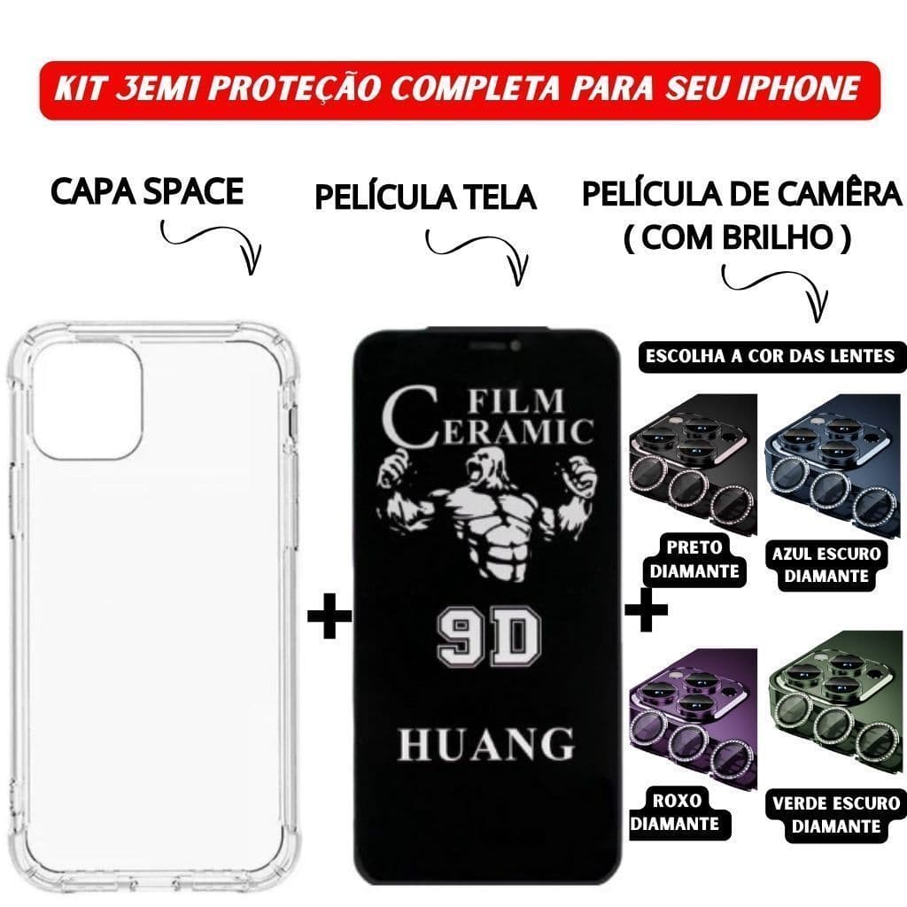 Kit 3em1 Capa Space + Película Cerâmica Privacidade + Película Câmera Diamante iPhone 11 12 13 14 15 16 Pro Max - Avatar