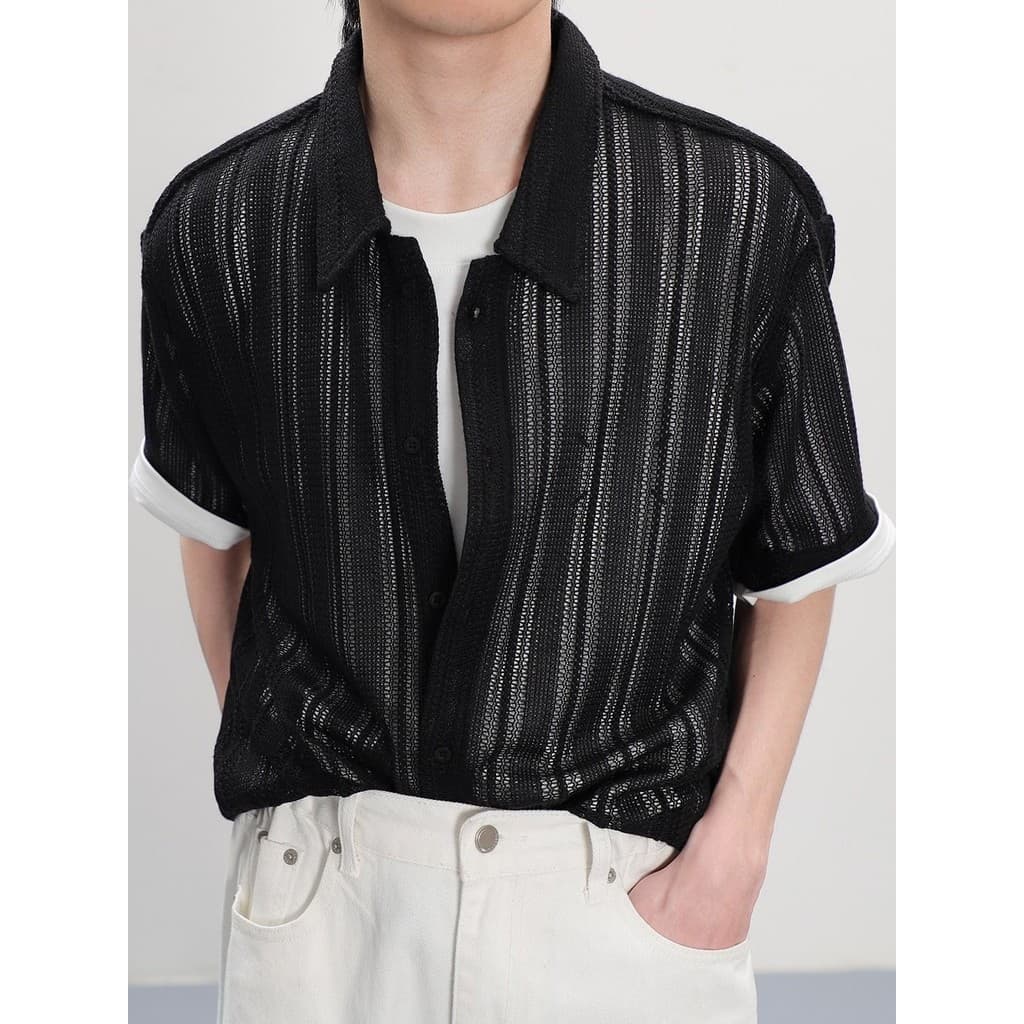 Oco gola cubana camisa de manga curta masculina verão americano Casual fino protetor solar topo High-End respirável lape