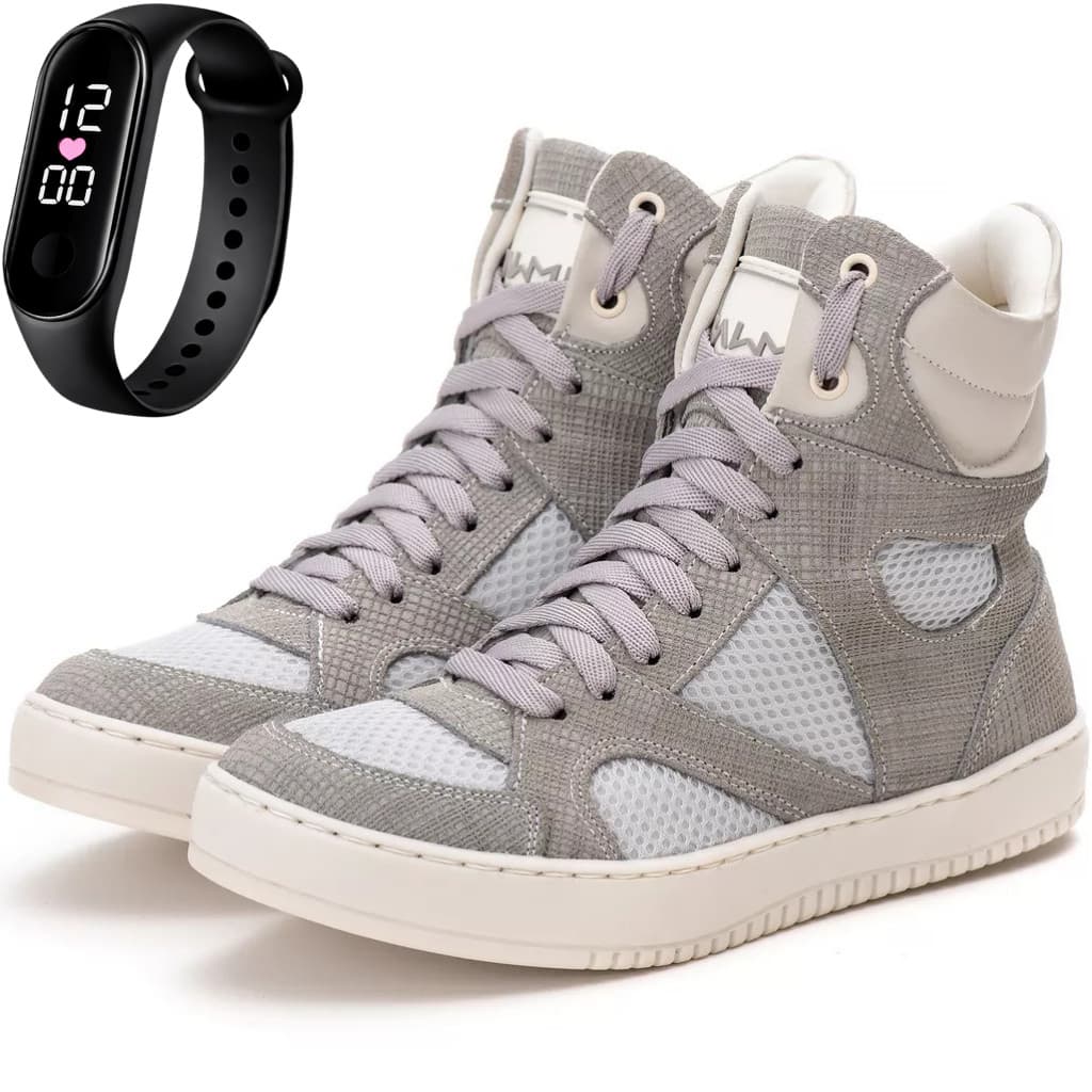 Tênis Botinha Academia Feminino Couro Cano Alto Treino Musculação Sneaker com Relógio