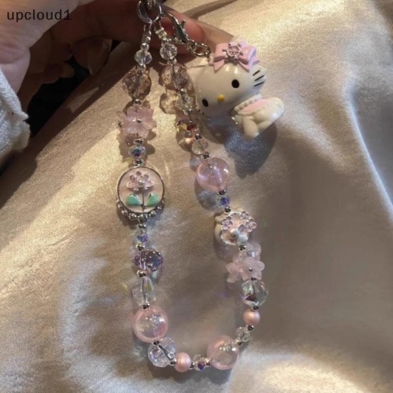 [upcloud1] Chaveiro De Contas De Gatinho Fofo Kawaii Cristal Rosa Desenho Animado Corrente Suspensa Alça De Telefone Pul