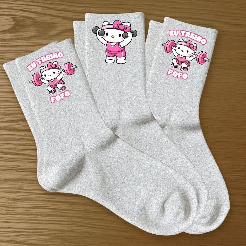 Meias Hello Kitty Kit 3 Pares Femininas Algodão Macio Estampadas Conforto Academia Treino Casual