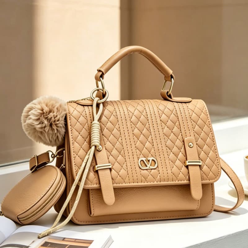 conjunto bolsa feminina 2 peças ombro alça mão pompom luxuosa couro sintético moderna