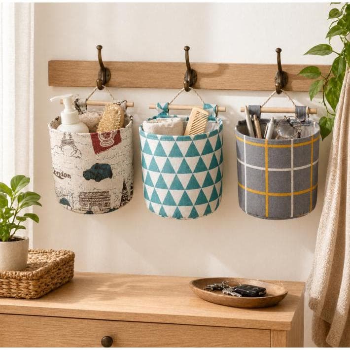 Cesto Organizador de Tecido com Alça de Madeira – Decorativo, Dobrável e Multiuso
