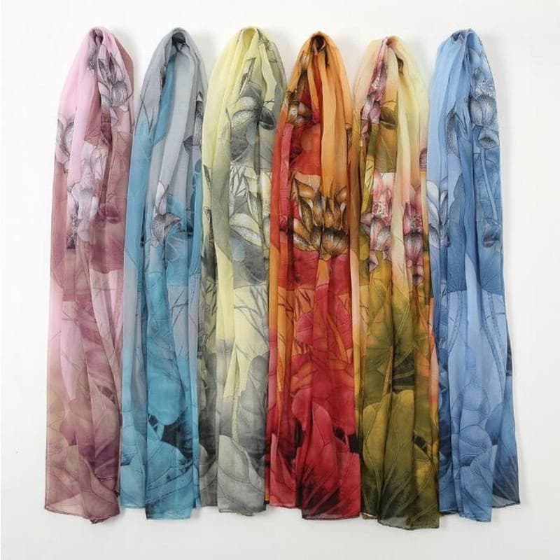 Quatro Estações Chiffon Impressão Lenço De Lótus Colorido Scarf Shawl Proteção Solar Ultra Fina Viagem De Férias Praia A