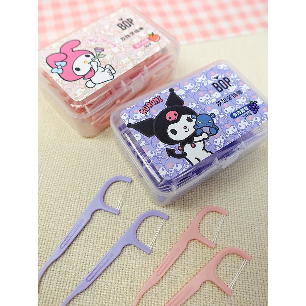 BOP Cute Cartoon Kuromi Melody Fragrância Fruta Fragrância Fio Dental Stick Box 50 Peças Sanrio