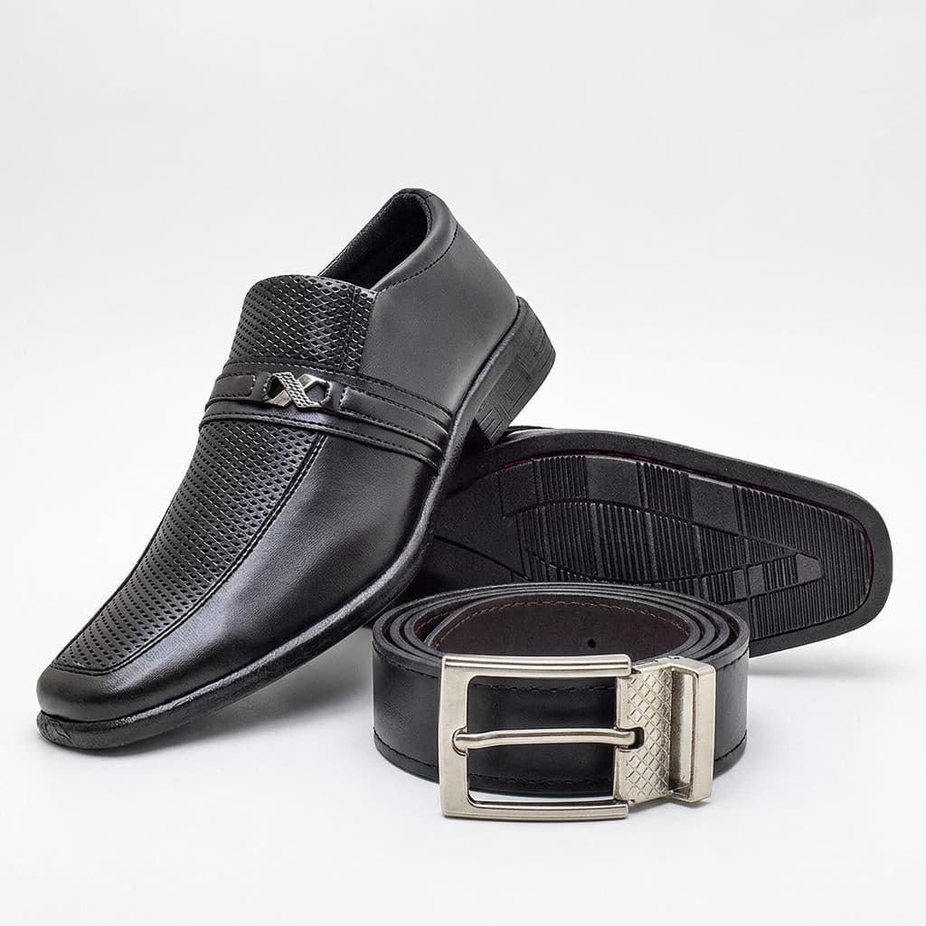 Kit Sapato Social Masculino Slip On Preto Cinto Dupla Face Giolo