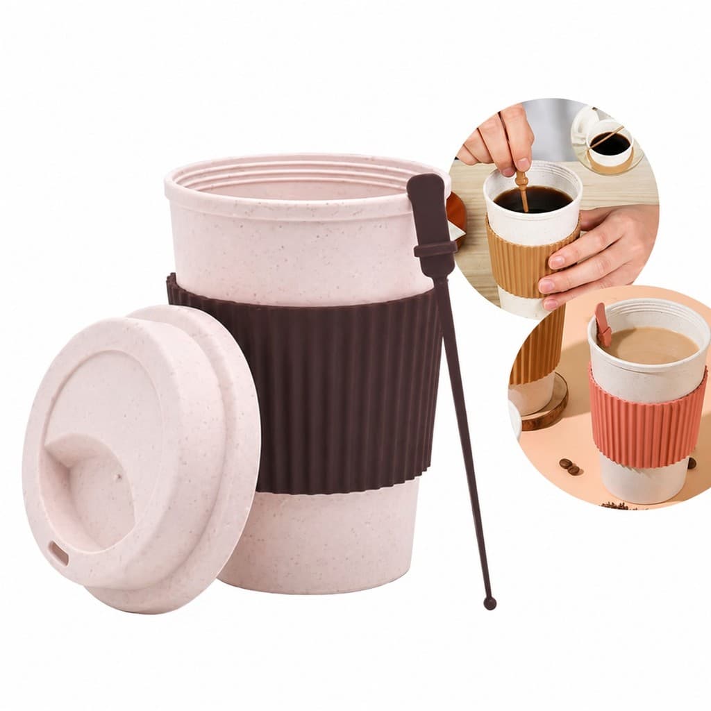 Copo de Fibra de Bambu 470ml com Tampa e Protetor – Ecológico e Reutilizável