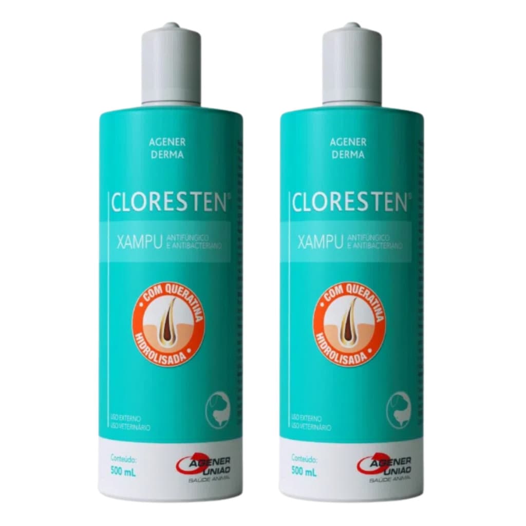 Kit 2 Shampoo Xampu Cloresten 500ml Agener União Cães Gatos