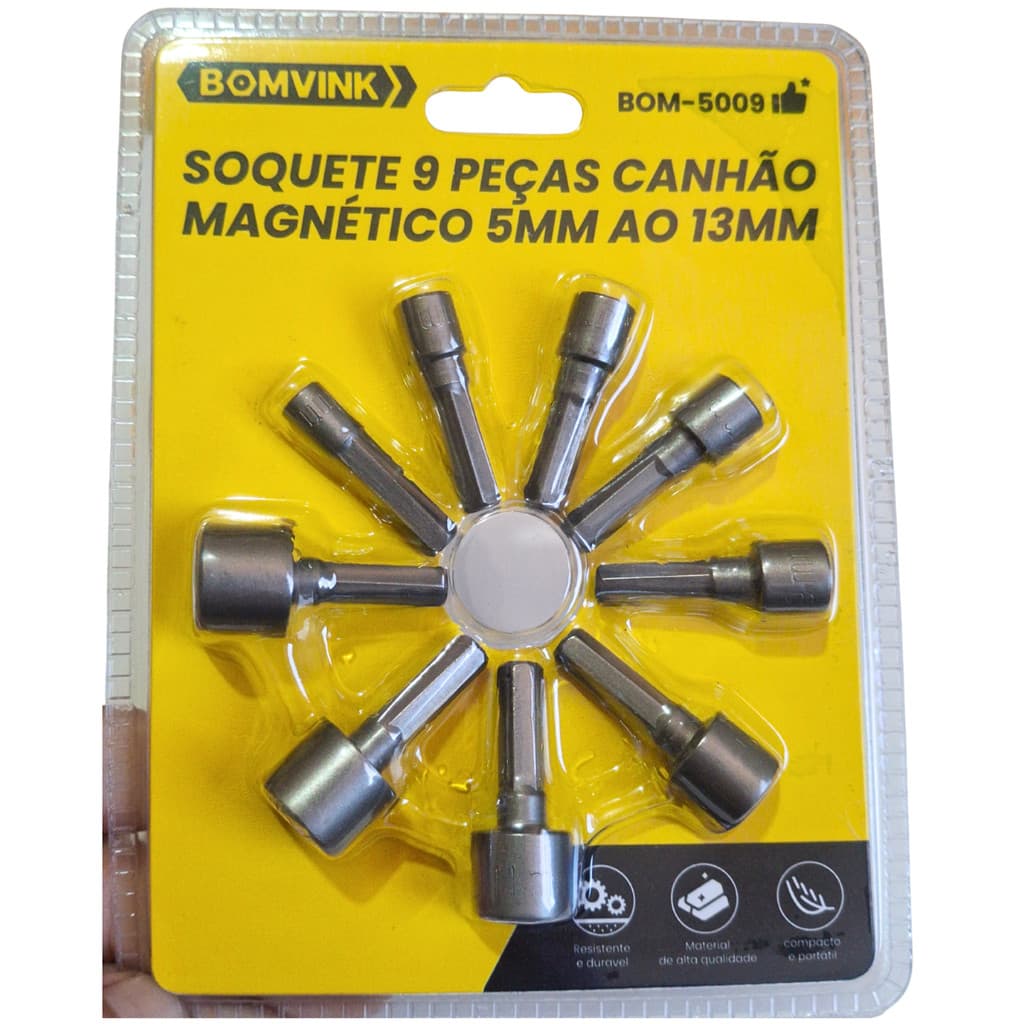 Jogo Soquete Canhão Sextavado Magnético Longo c/ 9 Peças 5mm a 13mm Para Furadeira e Parafusadeira
