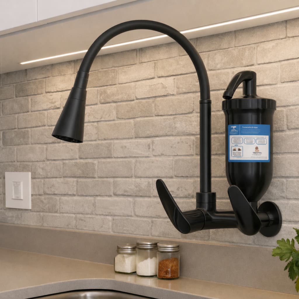 Torneira Filtro p/ Cozinha Preto Brilhante Parede purificador Inox Gourmet Cromada Refil Carvão Ativado