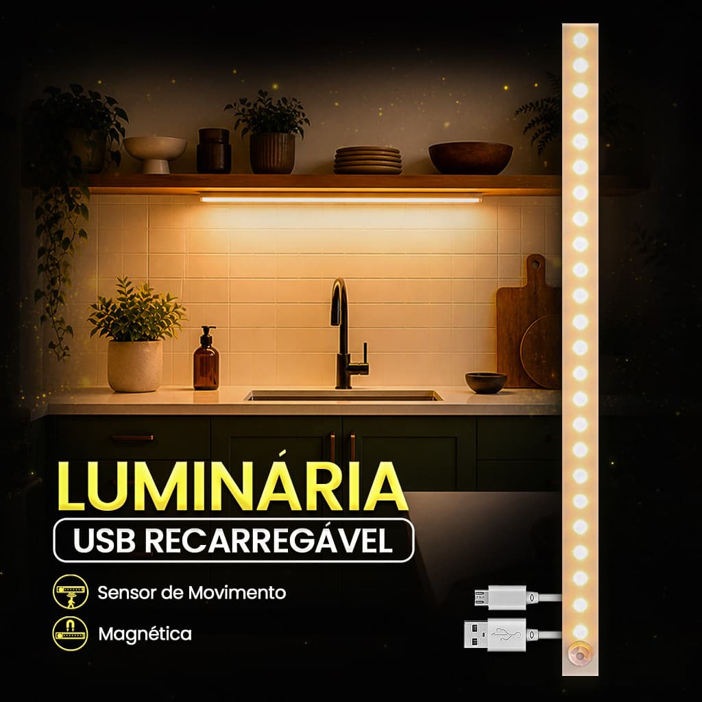 Luminária LED Recarregável com Sensor Movimento Magnética USB Luz Branco-Quente