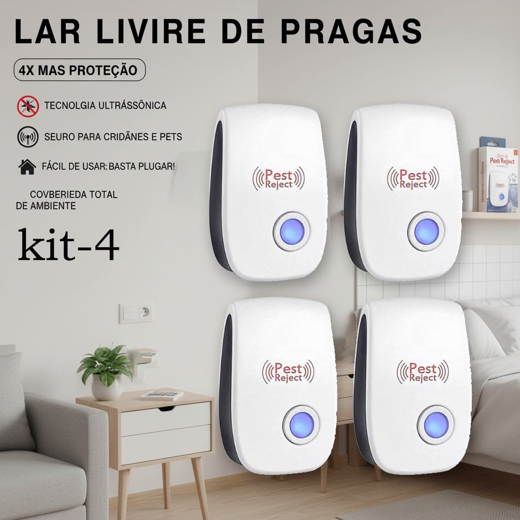KIT 4 Repelente Eletrônico para Moscas, Pernilongos, Baratas, Morcegos e Ratos