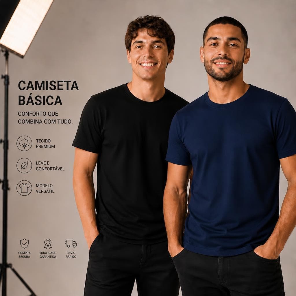 Kit 2 Camisetas Básicas Masculinas Lisas 100% Algodão Premium Confortável Casual Oferta Promoção