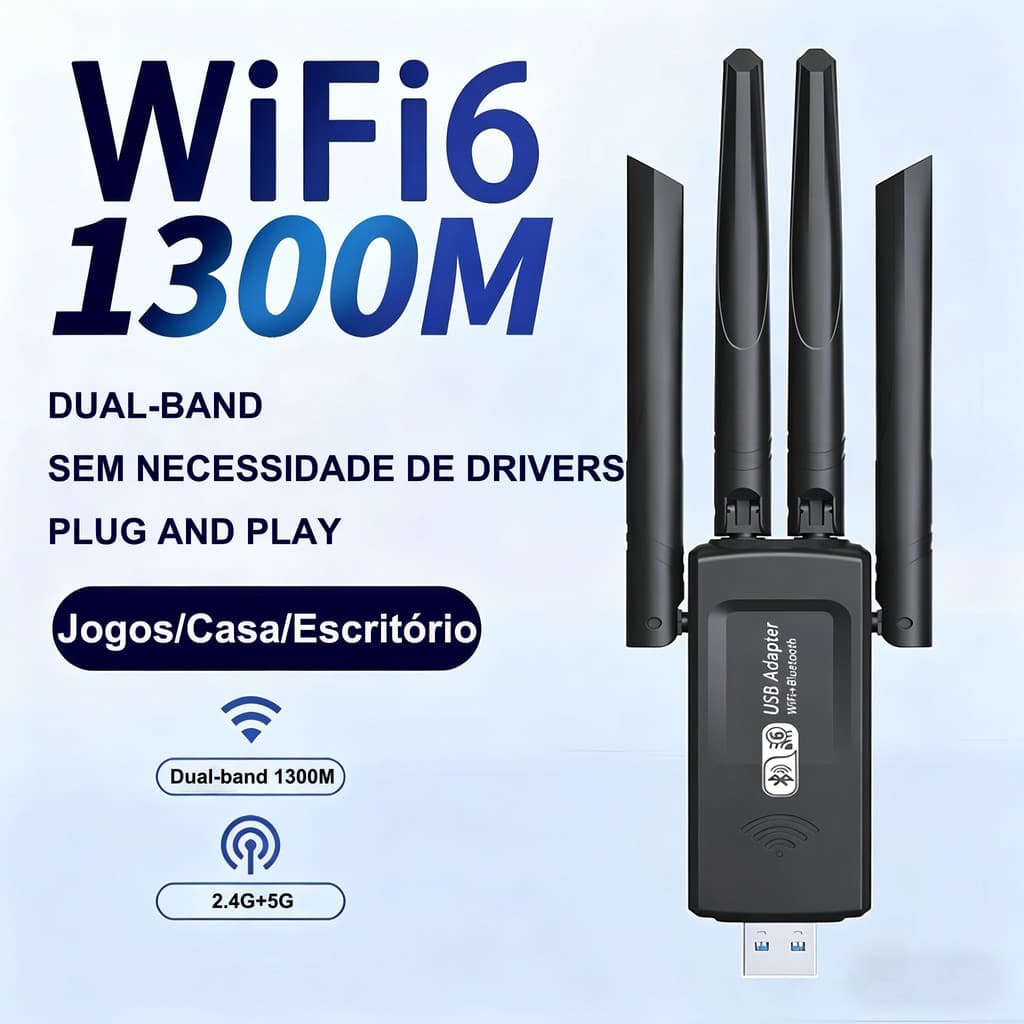Mini Adaptador WiFi Dongle USB3.0 1300Mbps Dual Band 2.4GHz/5GHz PC Notebook Sem Fio 2 Antenas
