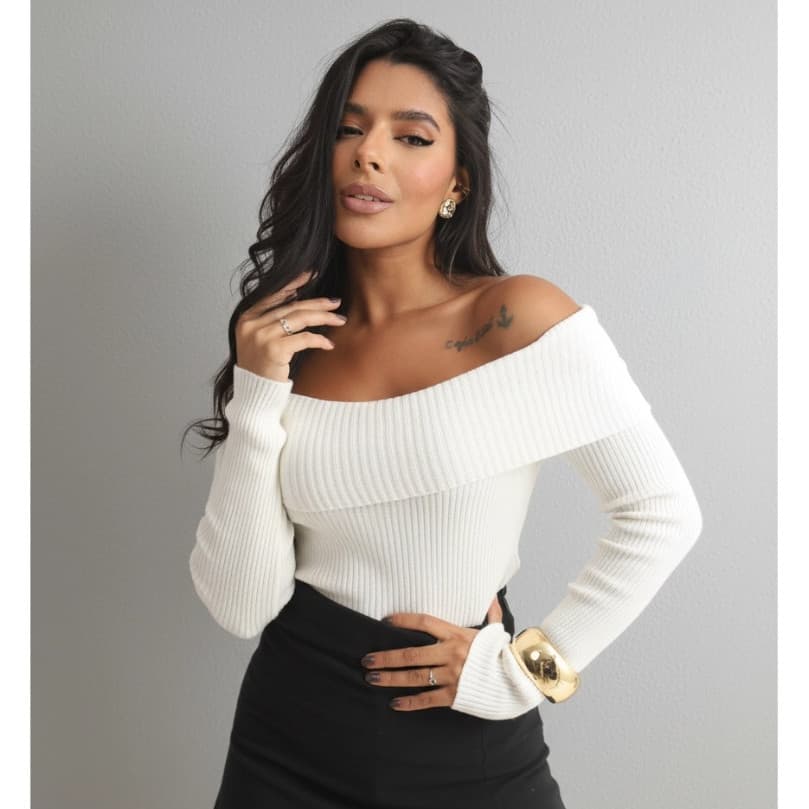 Blusa Ombro a ombro manga longa feminina elegante Tricot Decote Outono Inverno estilosa Justa Canelada