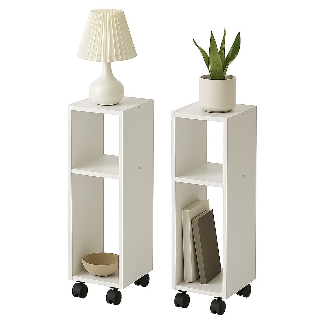 Kit 2 Mesa Cabeceira Pequena Branca com Rodinhas 20x20x60cm para Quarto Escritório Sala