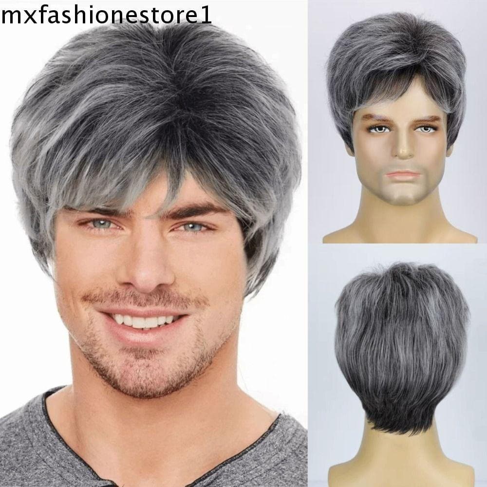 MXFASHIONE Perucas Sintéticas Masculinas , Cabelo Curto Masculino Cinza E Branco Resistente Ao Calor , Realista