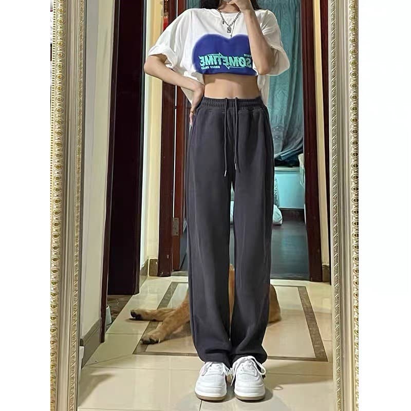 Cinza calças de perna larga feminina verão fino solto em linha reta calças casuais Tie-leg Sweatpants primavera outono a