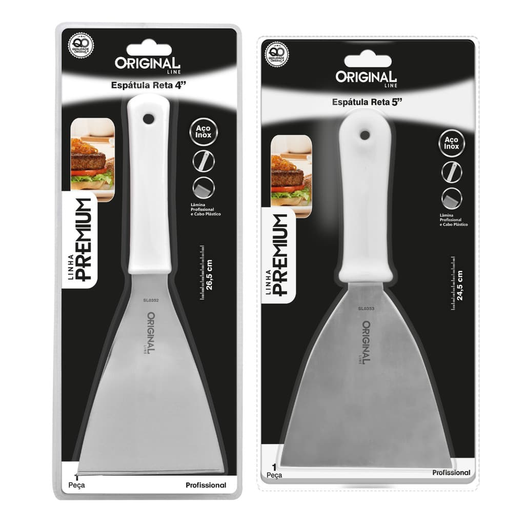 Kit 2 Espátulas Inox Reta 4/5 Chapa Pizza Lanche Chapeiro