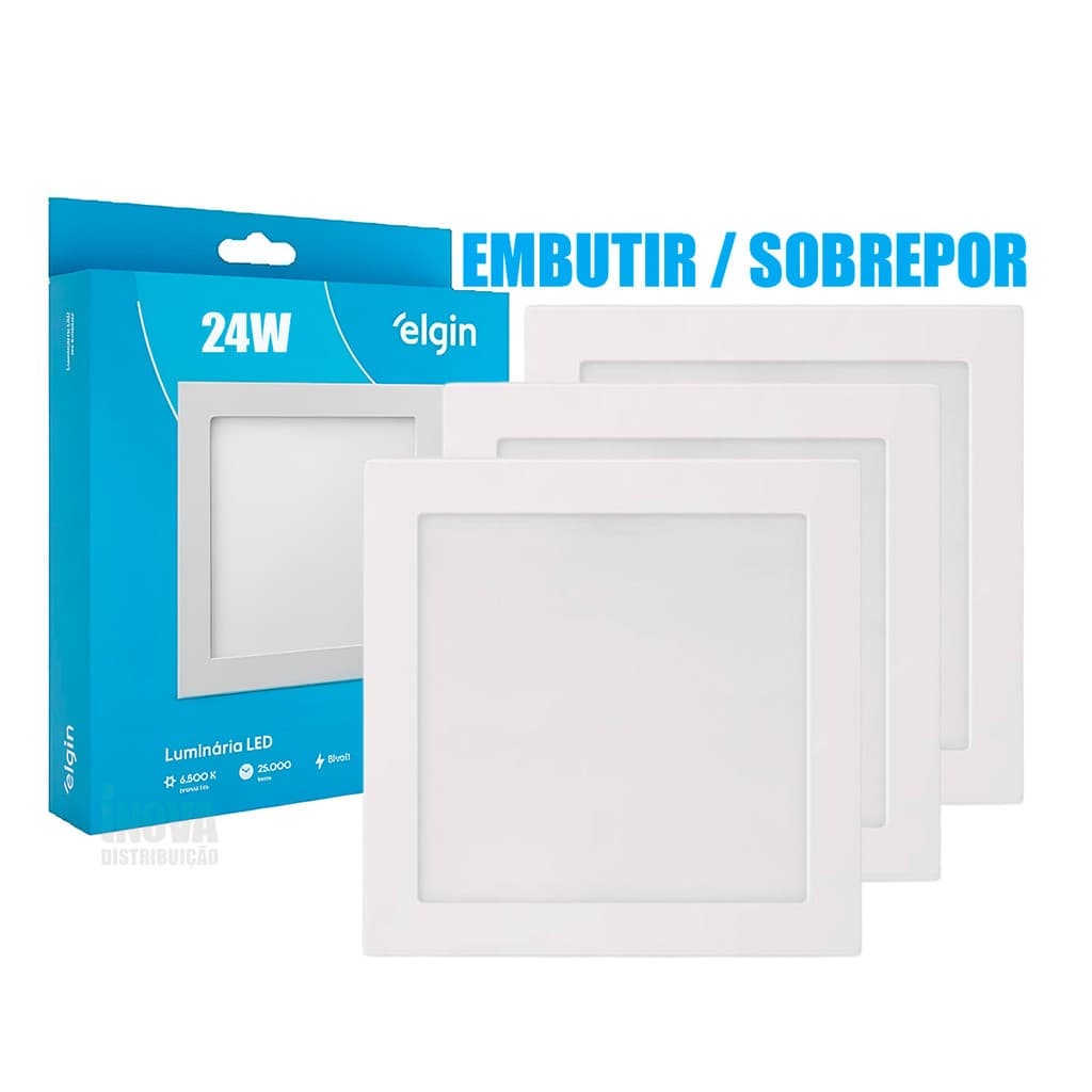 Kit 3 Luminária Painel Plafon Led Elgin 24W Embutir ou Sobrepor Quadrado 6500k Luz Branco Frio Bivolt