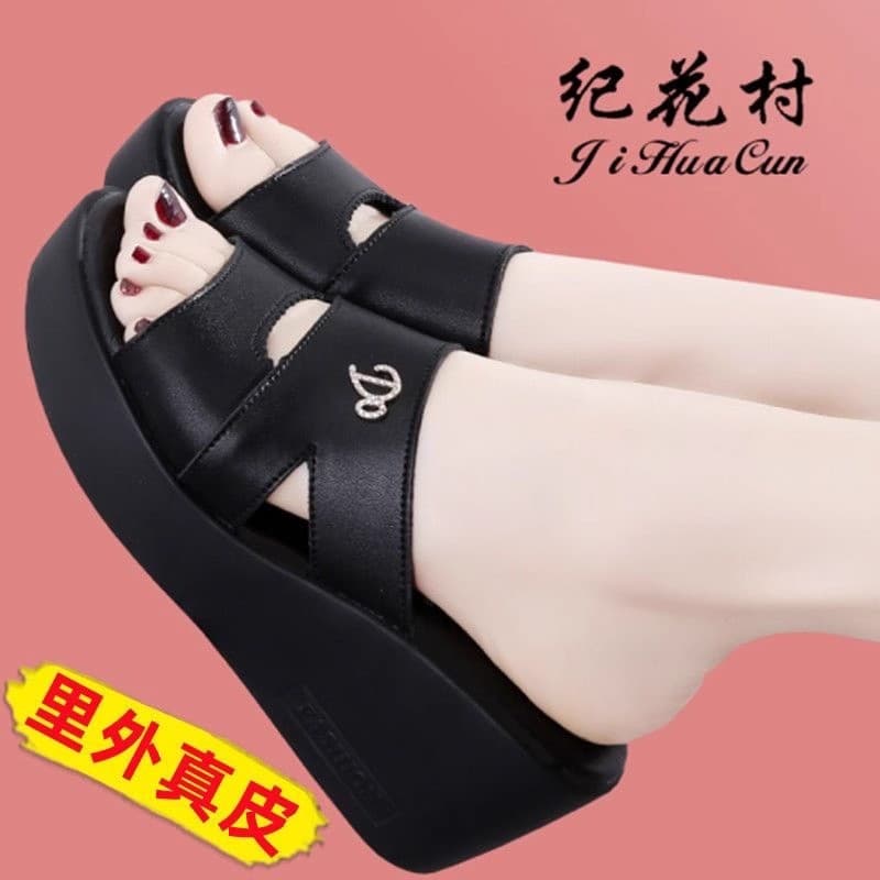 Marca feminina sapatos chinelos de couro genuíno feminino 2025 novo estilo verão de sola grossa chinelos de salto cunha