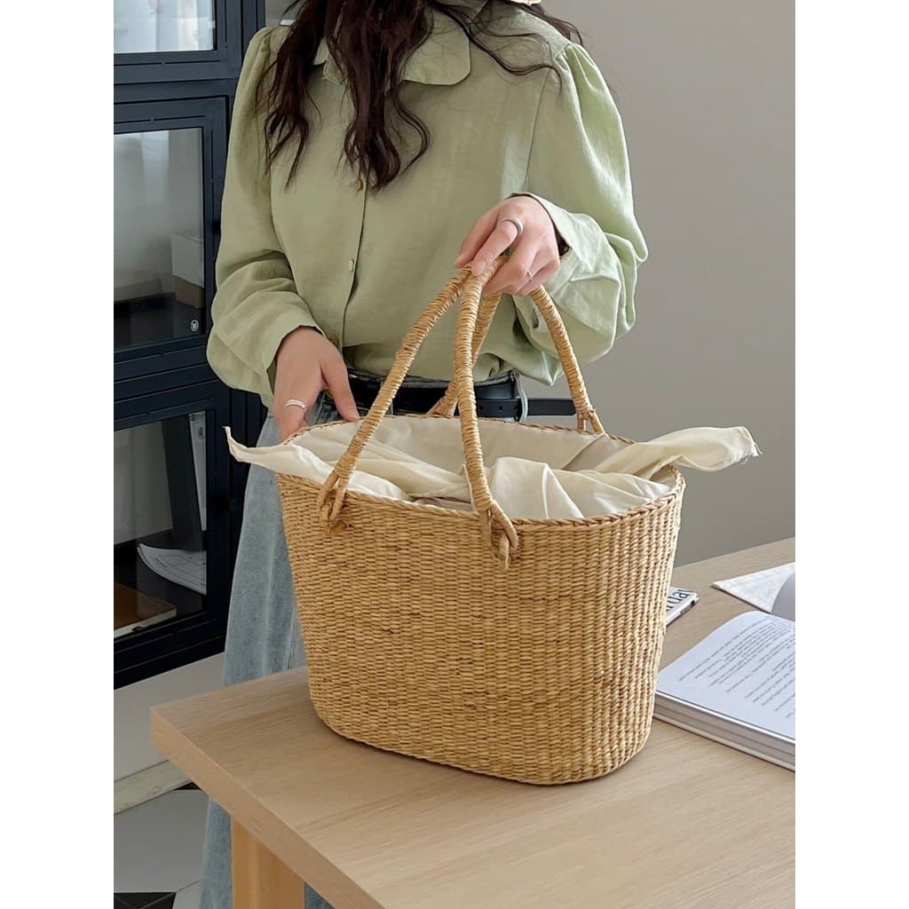 CHAWOOL Bolsa de palha portátil feita à mão de grande capacidade Coreia ins Piquenique Cesta de vegetais Bolsa de férias