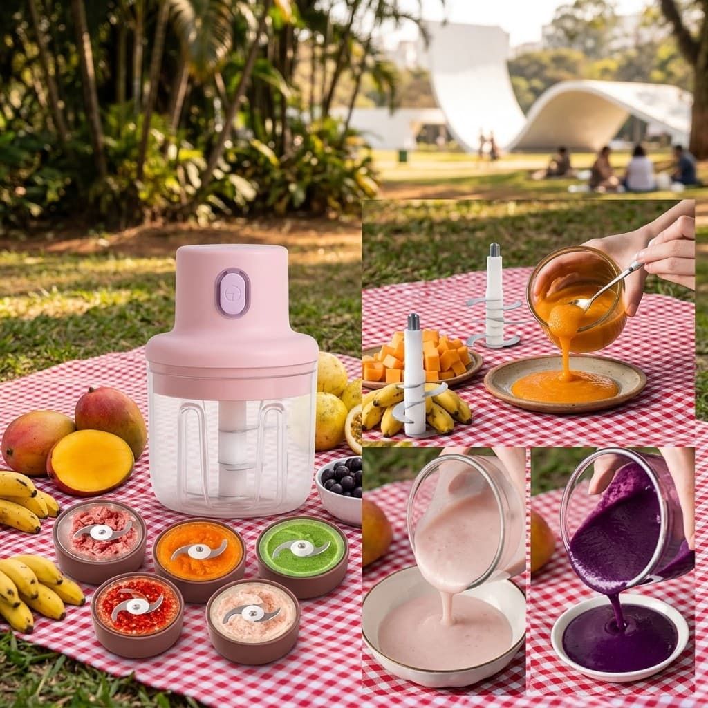 Triturador De Alimentos Mini Processador Elétrico Potente Recarregável Batedor De Tempero Alho E Legumes Prático Rosa
