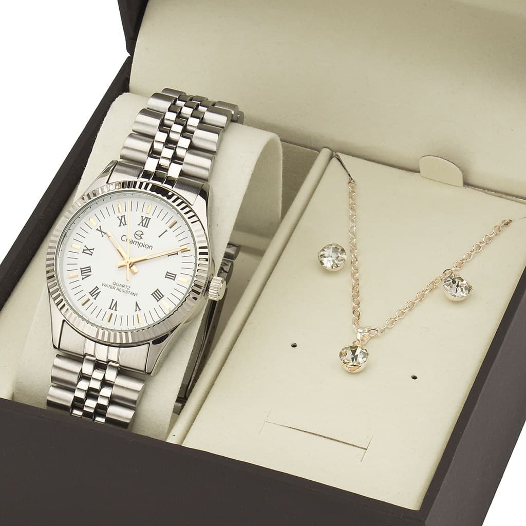 Relógio Feminino Champion Prata Riviera Kit Colar e Brincos CH24777S