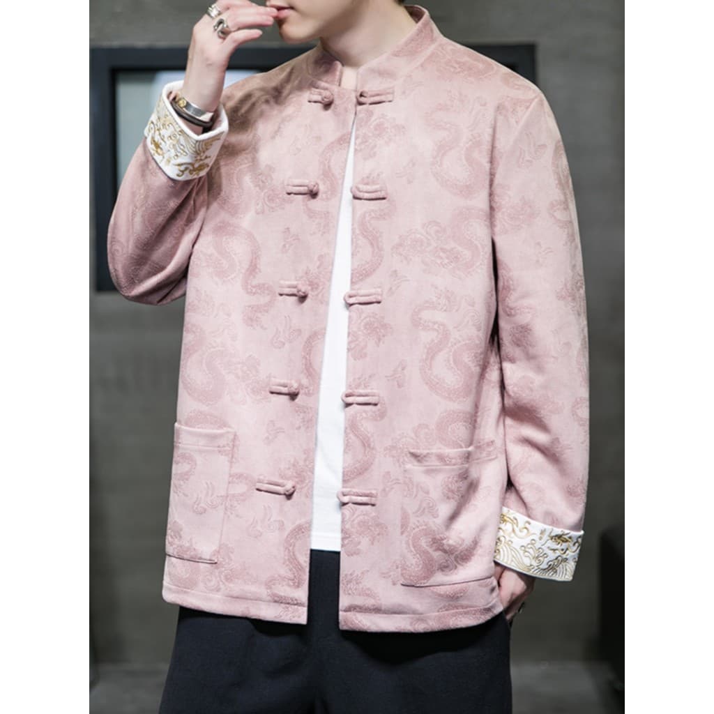Jaqueta de camurça masculina primavera outono estilo chinês Tang terno Hanfu solto tamanho grande gola alta fivela chá Z