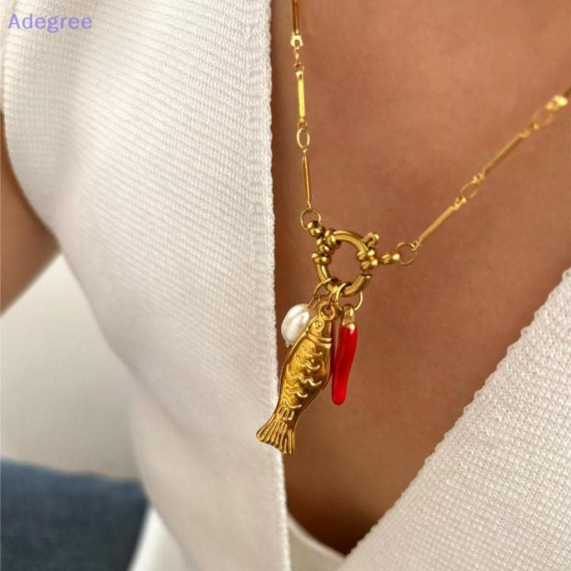 Adegree Pérolas Naturais De Água Doce Esmalte Pimenta Peixe Aço Inoxidável Feminino Pingente Colar Destacável Moda Jóias