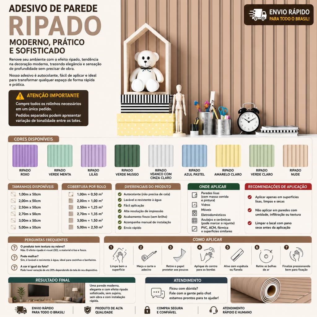 Adesivo de Parede Ripado 3D 50cm Autocolante Lavável Alta Qualidade Decorativo