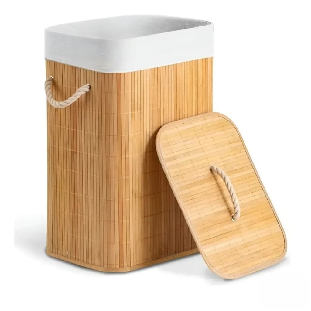 Cesto de roupa suja de bambu dobrável bege 70L com tampa - adequado para cestos de armazenamento para lavanderia, banhei