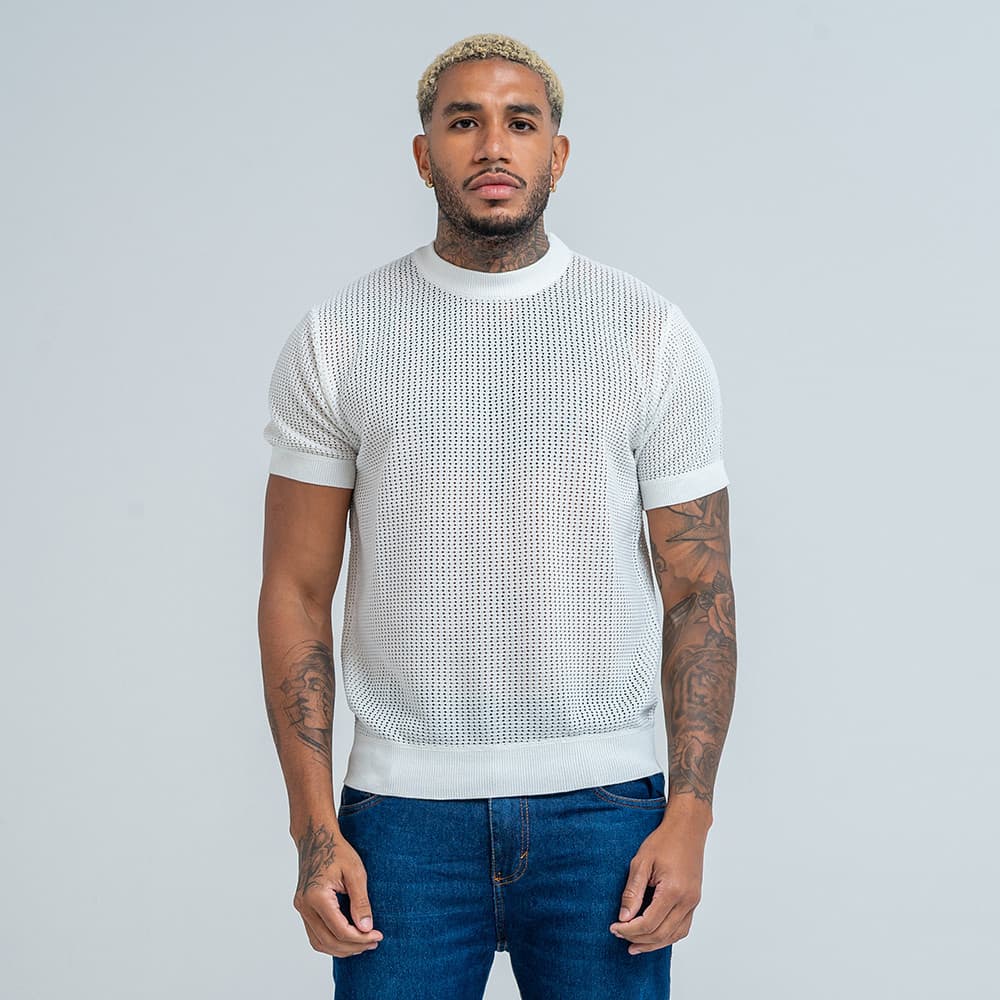 Camiseta Suéter Masculina Mr Kitsch Tricô Rendado Vazado Branco