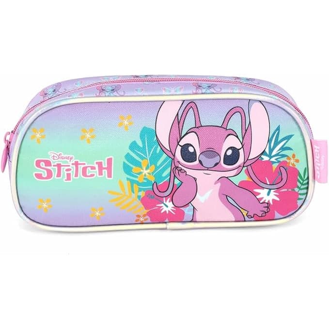 Estojo Angel do Stitch Roxo Infantil Escolar Porta Lápis Resistente Com Zíper