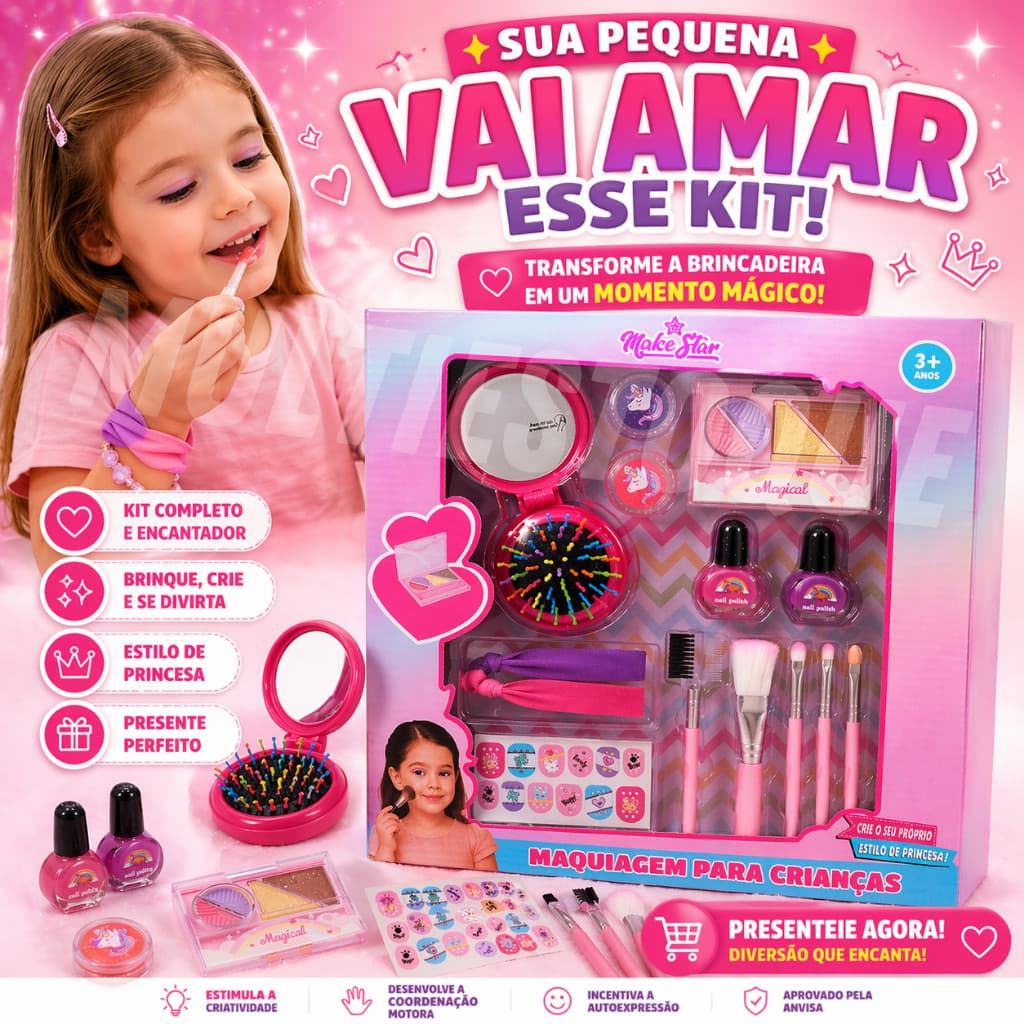 Kit Maquiagem Infantil Completo com Espelho Pincéis e Acessórios Rosa