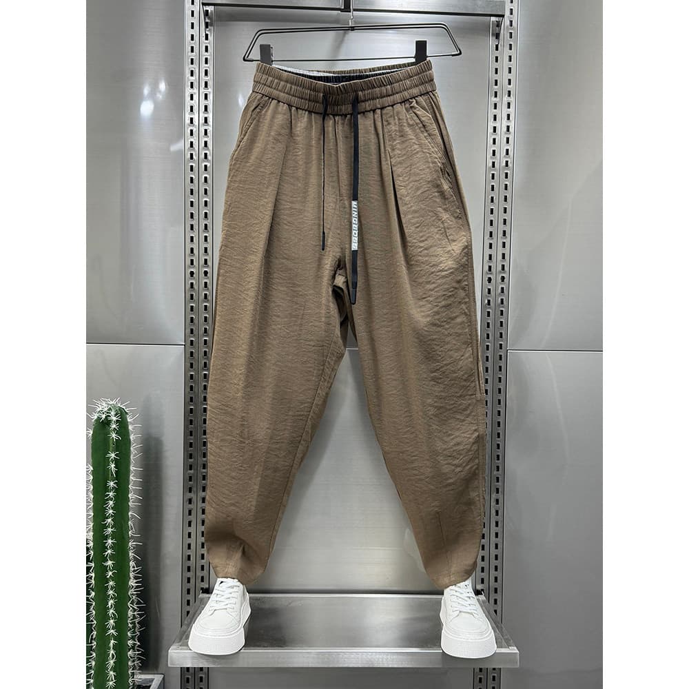 2024 verão novo estilo algodão linho Ultra-fino respirável Drape calças casuais masculinas na moda solto plissado Harem