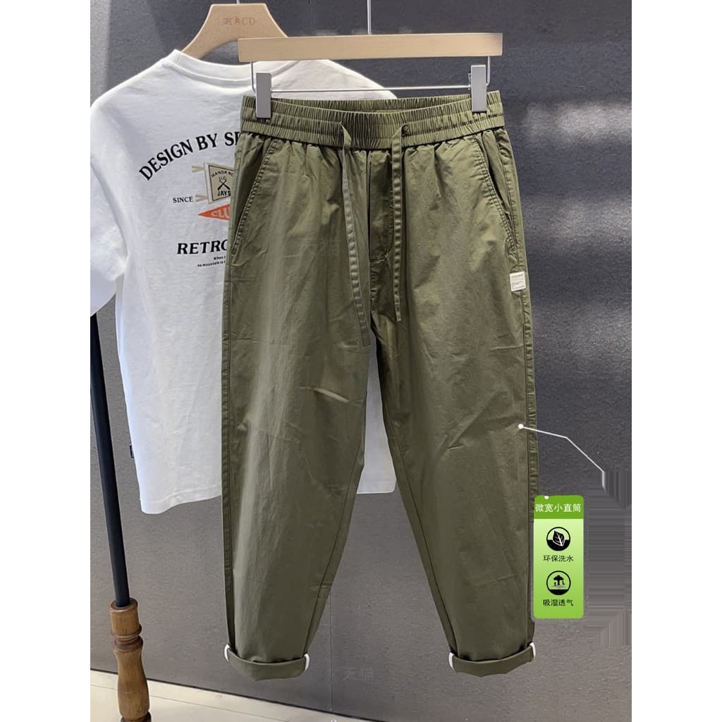 Verde do exército Ultra-fino calças casuais masculinas tornozelo comprimento calças simples na moda ligeiramente solto p